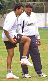 Kapil Dev helps out Zaheer Khan in the nets